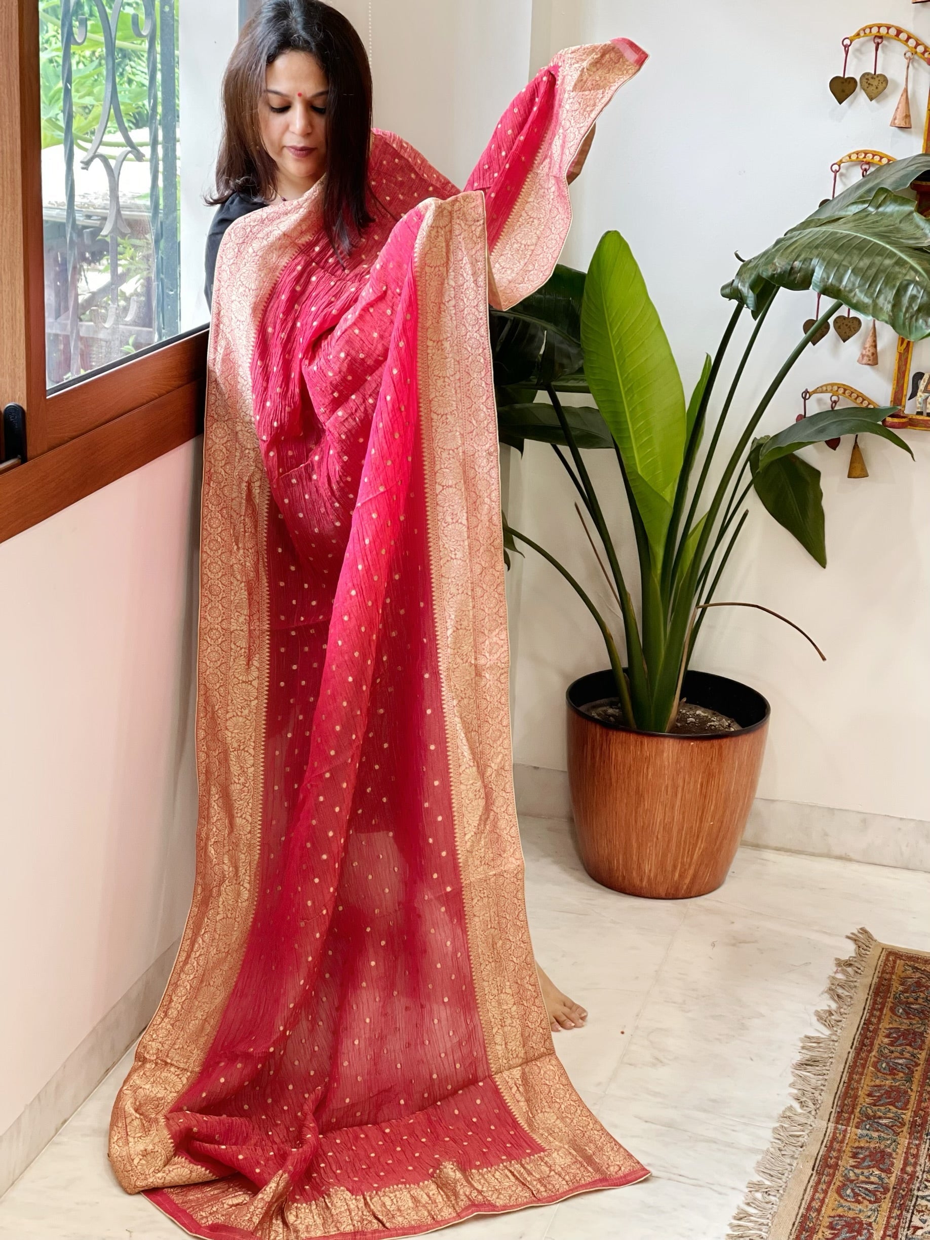 Carrot Pink Woven Banarasi Dupatta in Tissue - Masakalee
