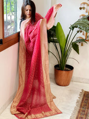Carrot Pink Woven Banarasi Dupatta in Tissue - Masakalee