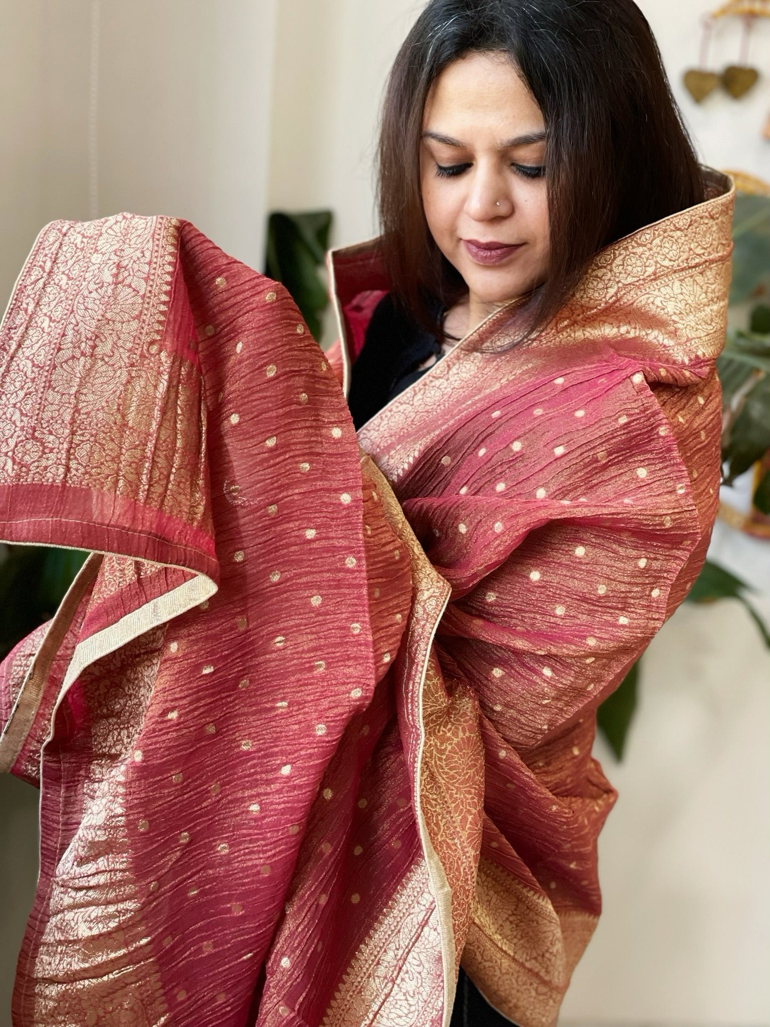 Carrot Pink Woven Banarasi Dupatta in Tissue - Masakalee
