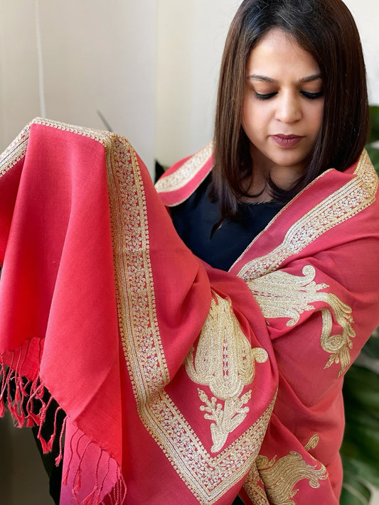 Carrot Pink Woven Pashmina Stole with Aari Embroidery - Masakalee