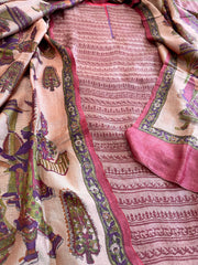 Carrot Red Dupatta Set (Kurta+Dupatta) with Handblock Print in Pure Tussar Silk - Masakalee