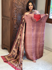 Carrot Red Dupatta Set (Kurta+Dupatta) with Handblock Print in Pure Tussar Silk - Masakalee