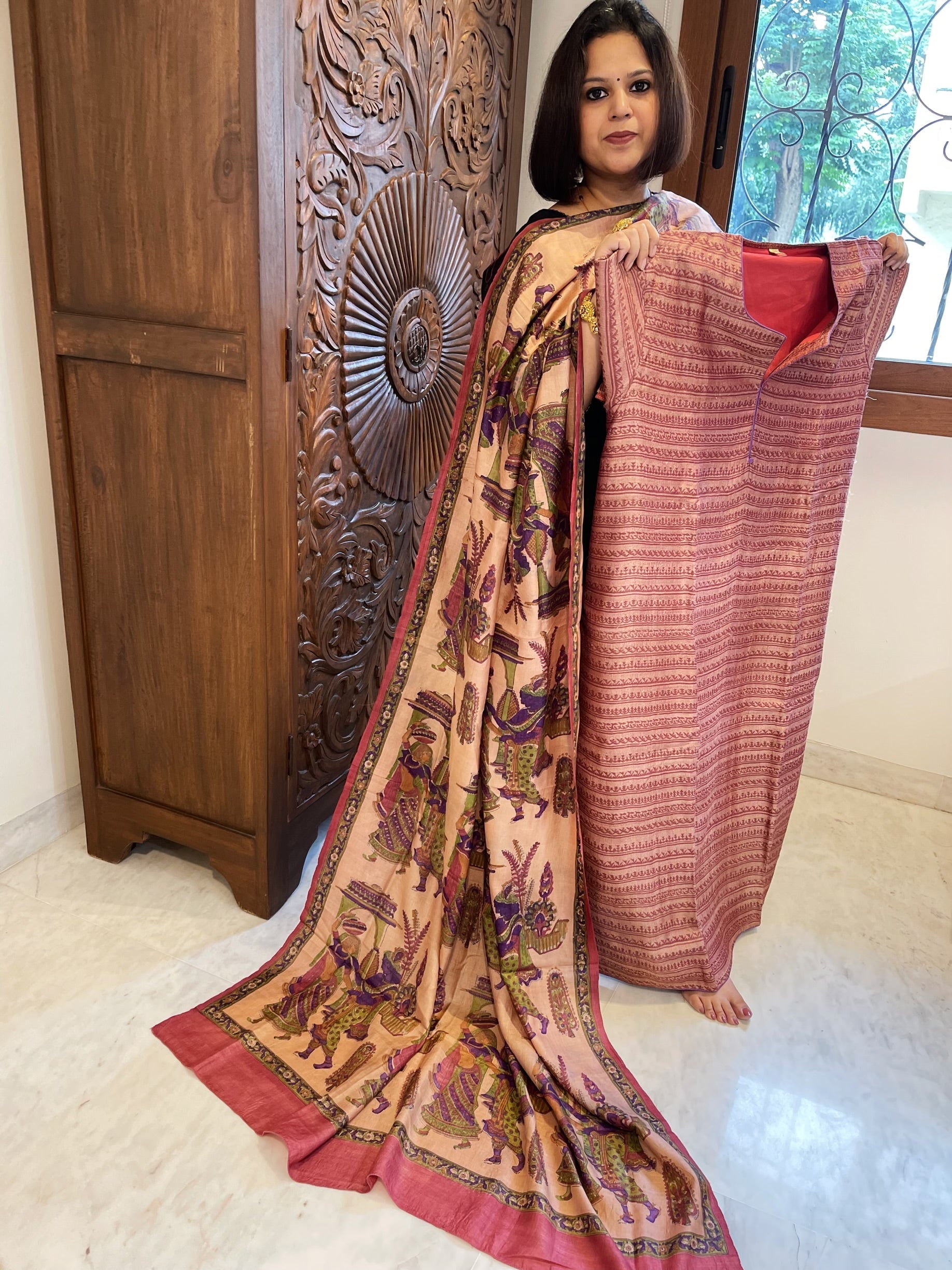 Carrot Red Dupatta Set (Kurta+Dupatta) with Handblock Print in Pure Tussar Silk - Masakalee