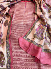 Carrot Red Dupatta Set (Kurta+Dupatta) with Handblock Print in Pure Tussar Silk - Masakalee