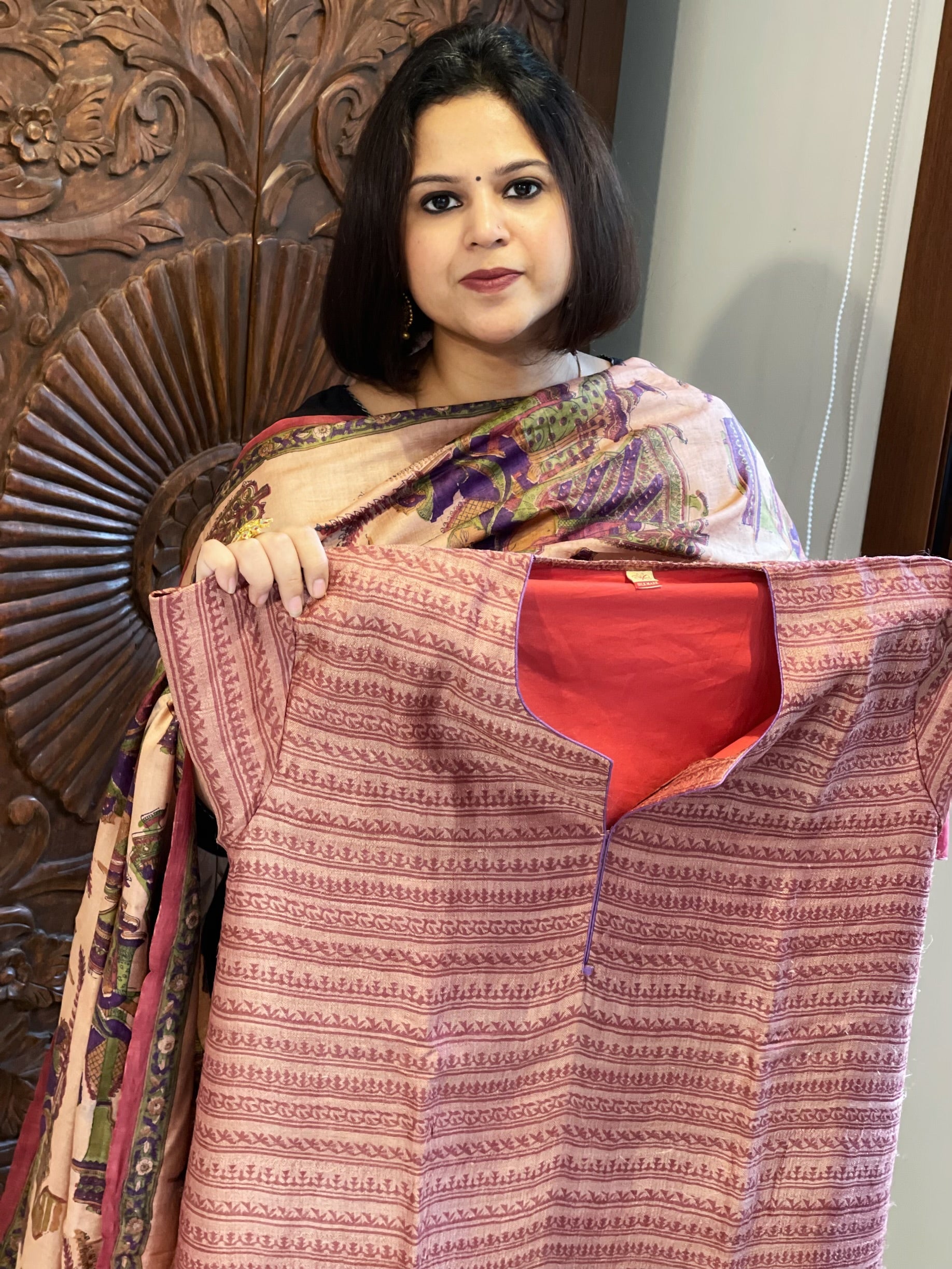Carrot Red Dupatta Set (Kurta+Dupatta) with Handblock Print in Pure Tussar Silk - Masakalee