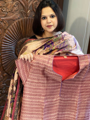 Carrot Red Dupatta Set (Kurta+Dupatta) with Handblock Print in Pure Tussar Silk - Masakalee