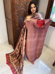 Carrot Red Dupatta Set (Kurta+Dupatta) with Handblock Print in Pure Tussar Silk - Masakalee