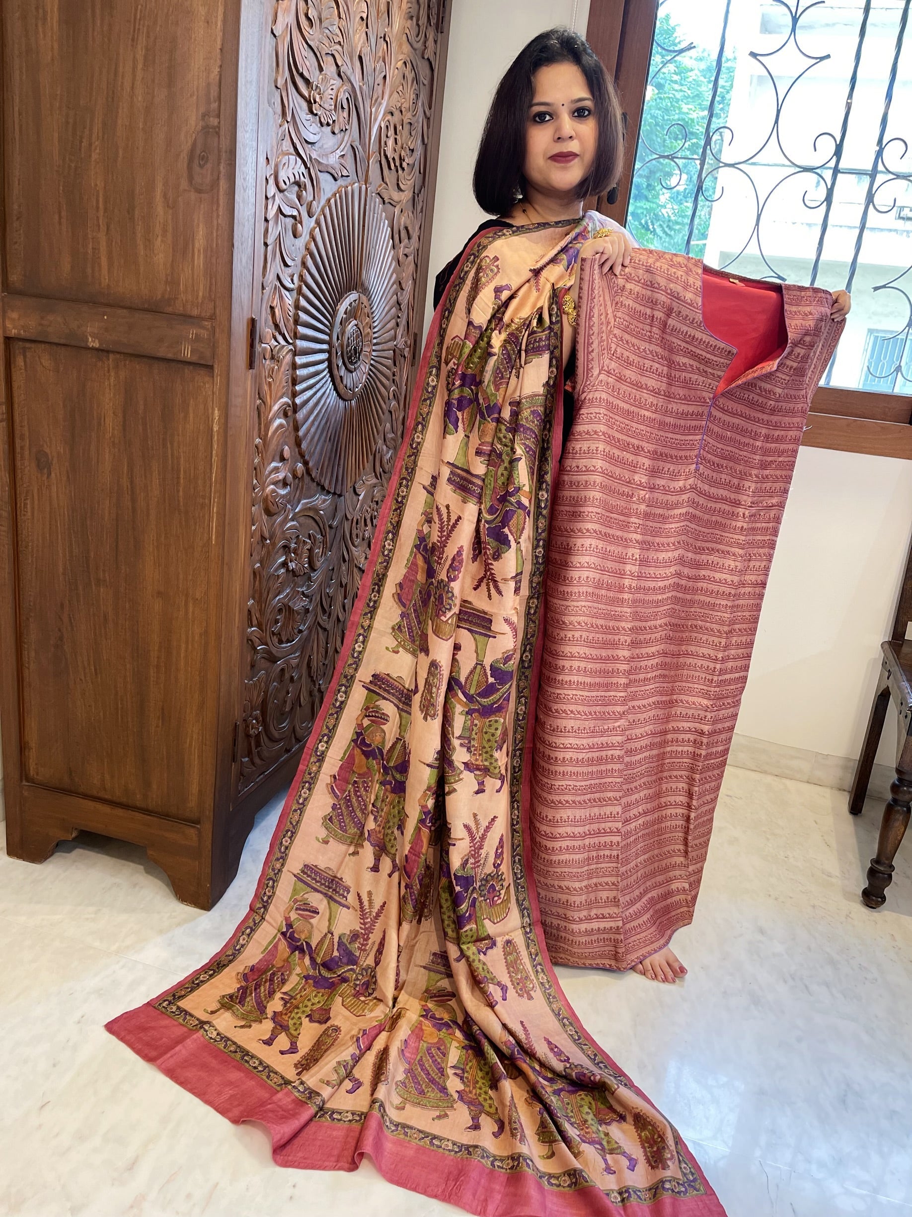 Carrot Red Dupatta Set (Kurta+Dupatta) with Handblock Print in Pure Tussar Silk - Masakalee