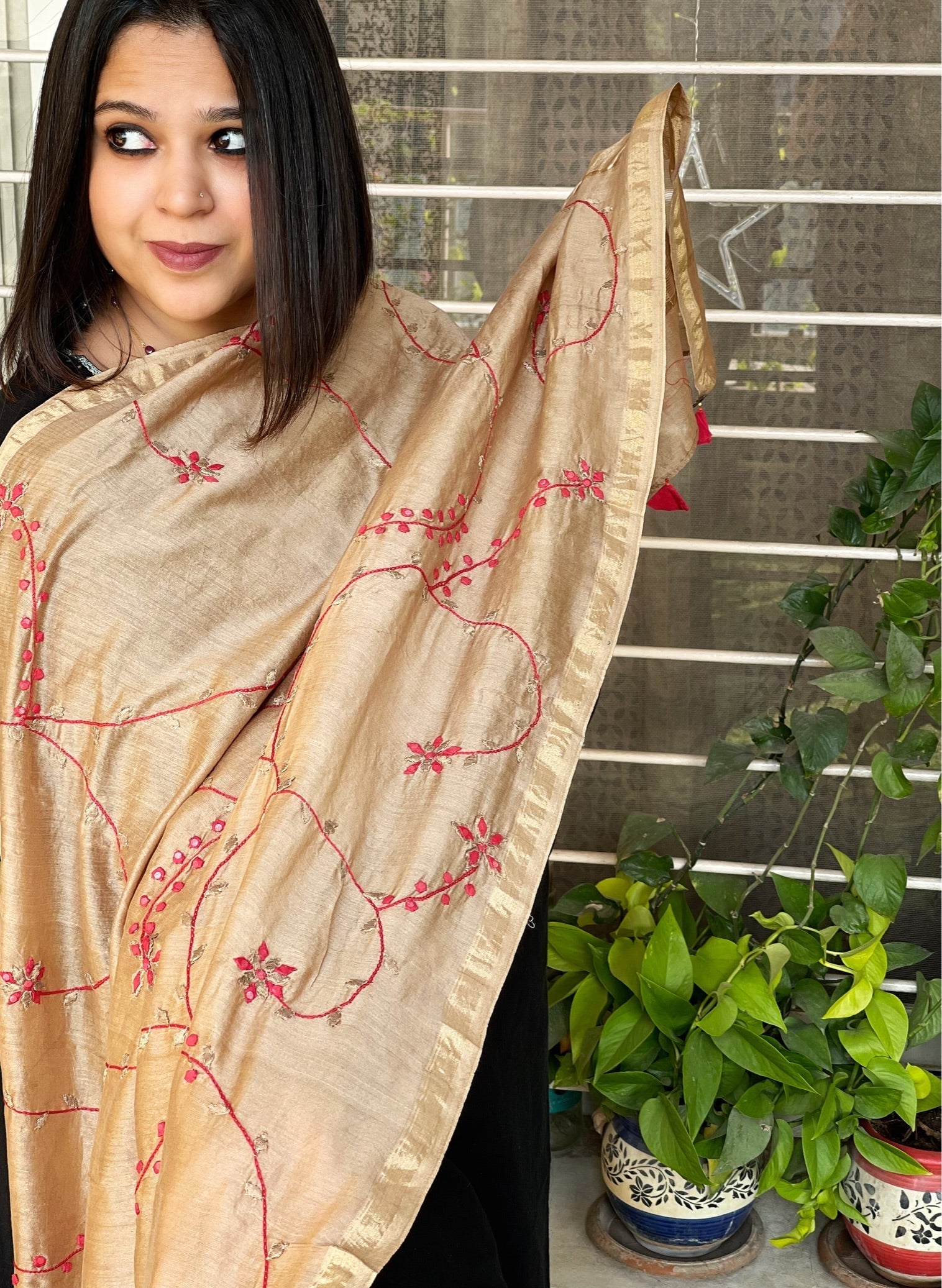 Chanderi Silk Dupatta with Applique Handwork - Masakalee