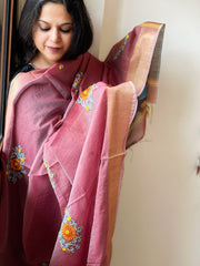 Chanderi Silk Dupatta with Ikat Pallu, Kantha Stitch and Knot Handwork - Masakalee