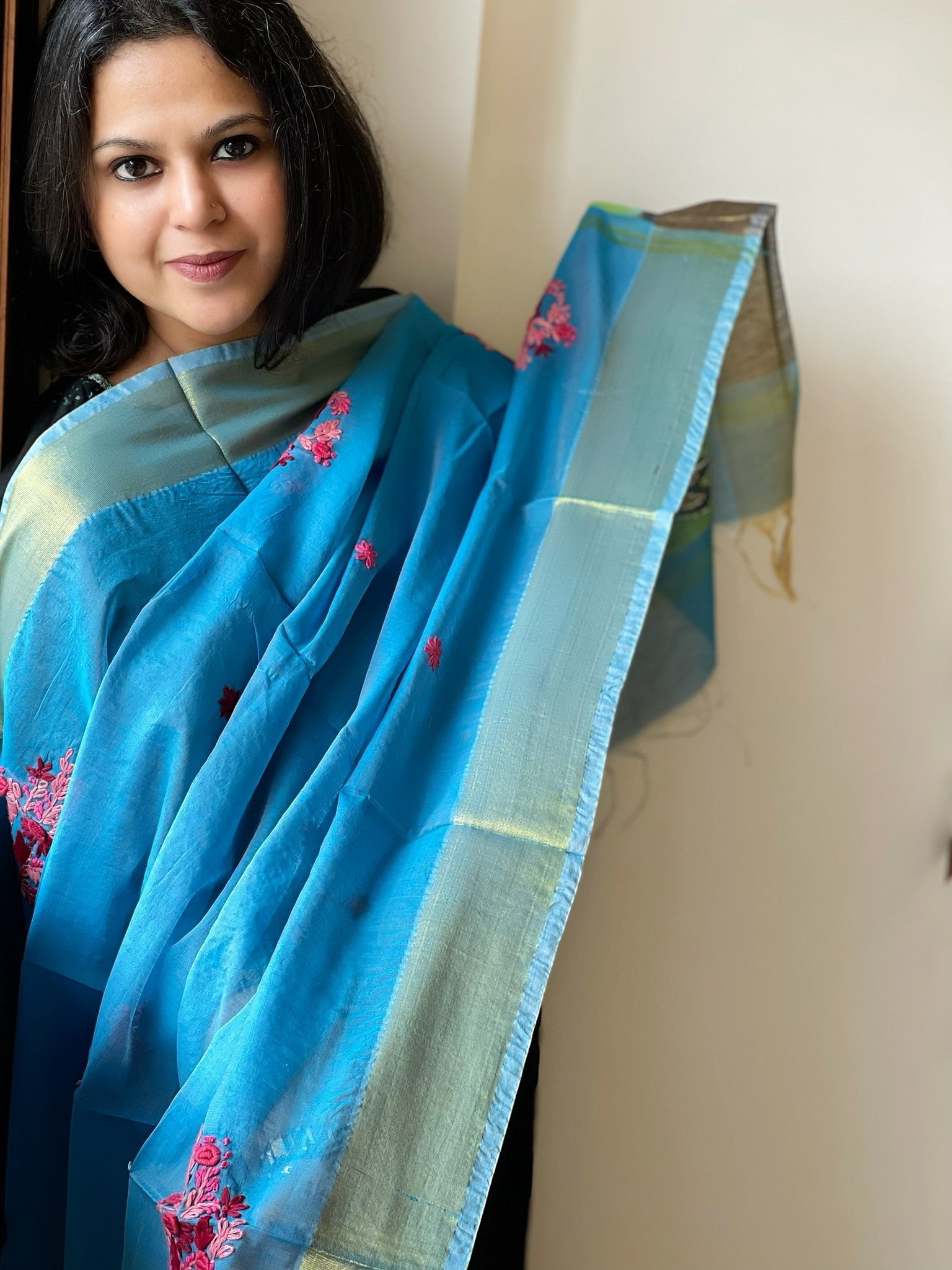 Chanderi Silk Dupatta with Ikat Pallu, Kantha Stitch and Knot Handwork - Masakalee