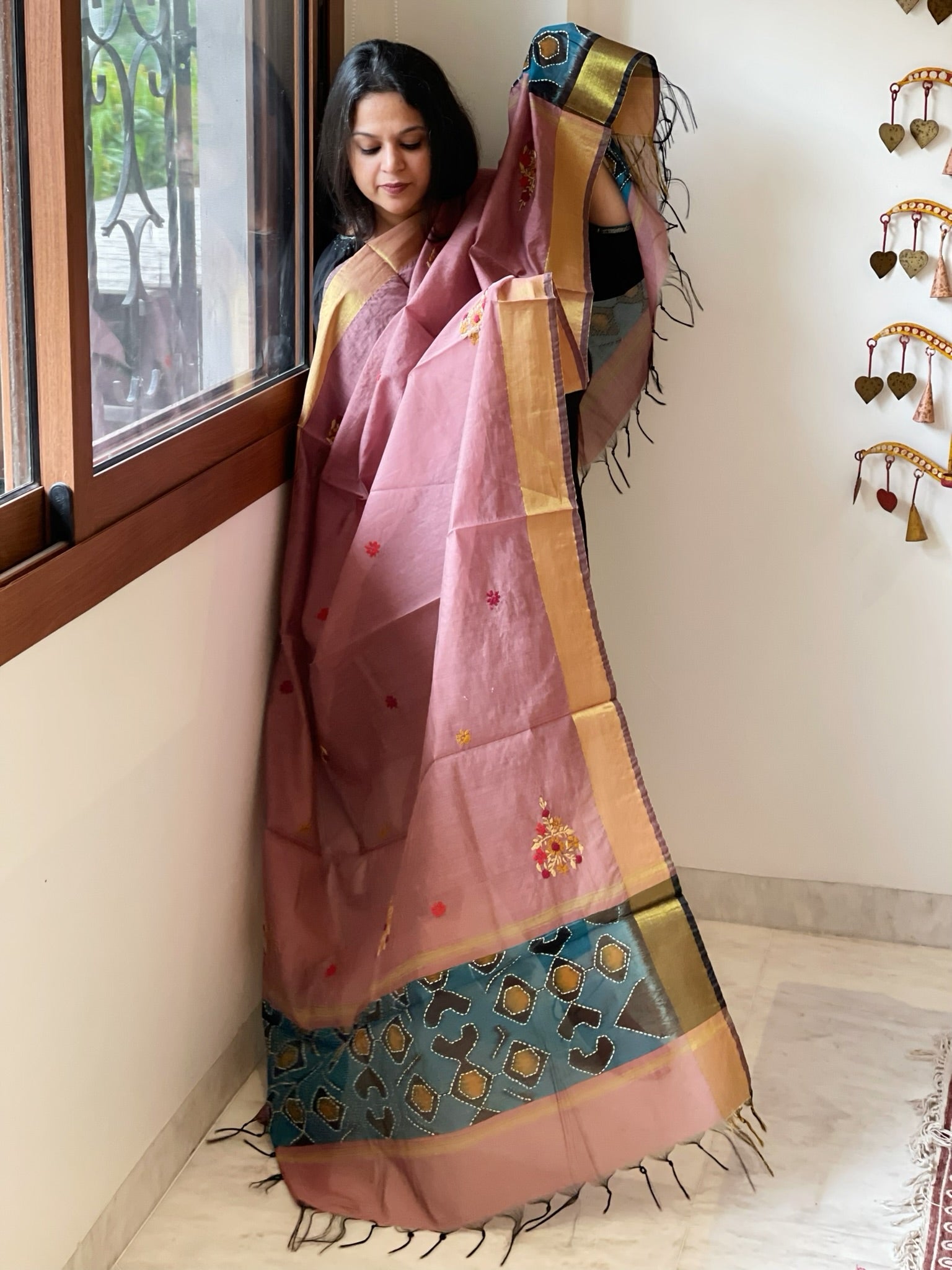 Chanderi Silk Dupatta with Ikat Pallu, Kantha Stitch and Knot Handwork - Masakalee