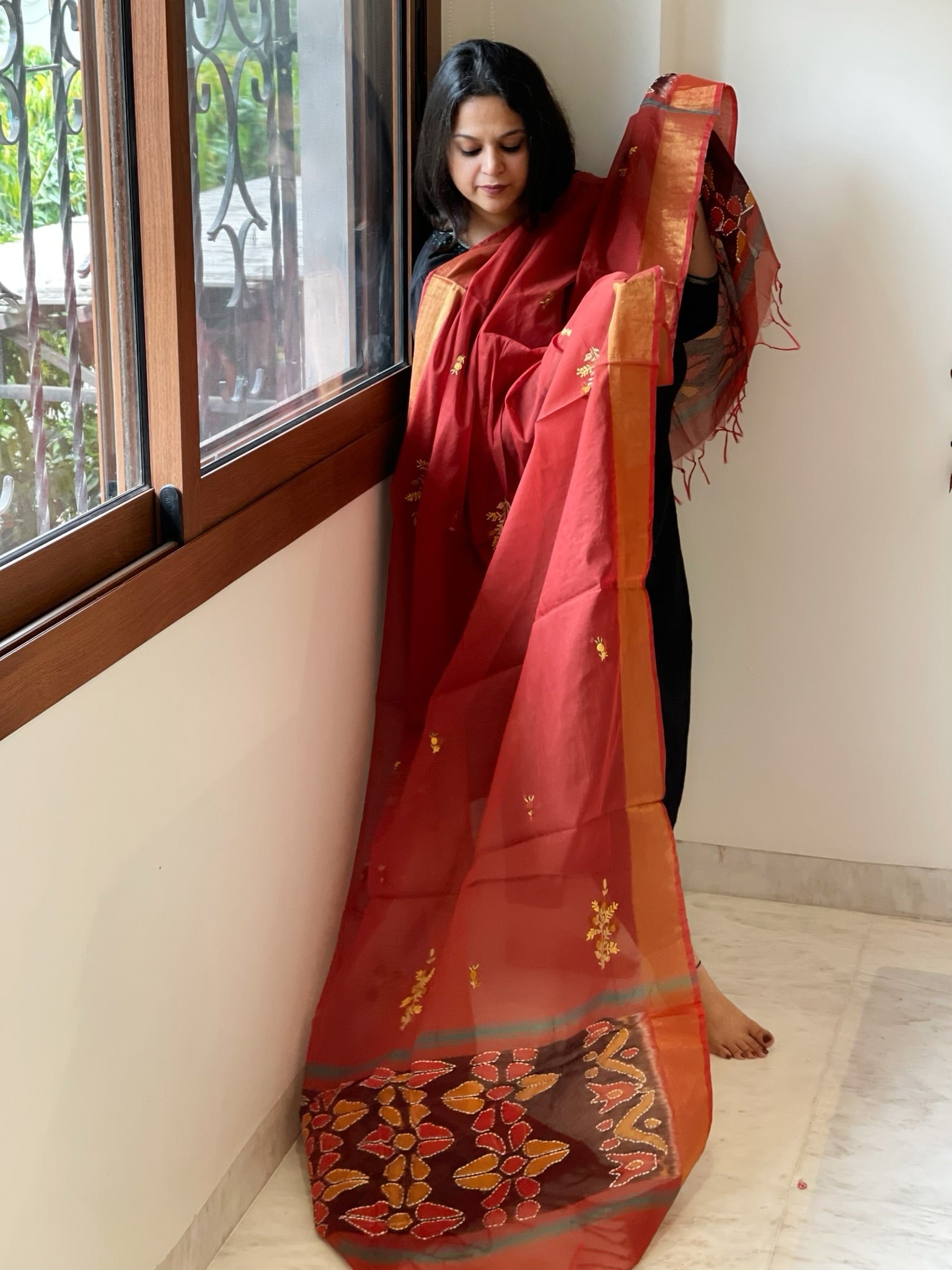 Chanderi Silk Dupatta with Ikat Pallu, Kantha Stitch and Knot Handwork - Masakalee