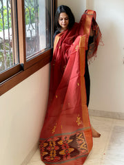 Chanderi Silk Dupatta with Ikat Pallu, Kantha Stitch and Knot Handwork - Masakalee