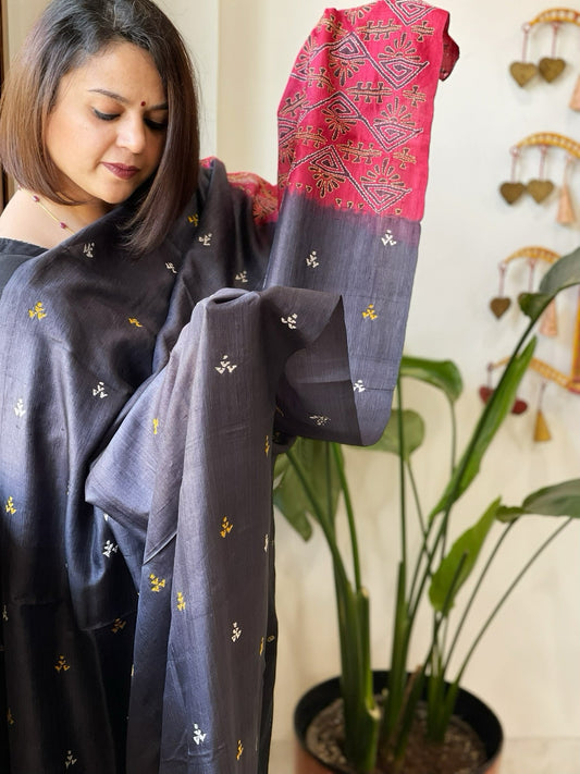 Charcoal Black, Red Handmade Nakshi Kantha Dupatta in Pure Tussar Silk - Masakalee