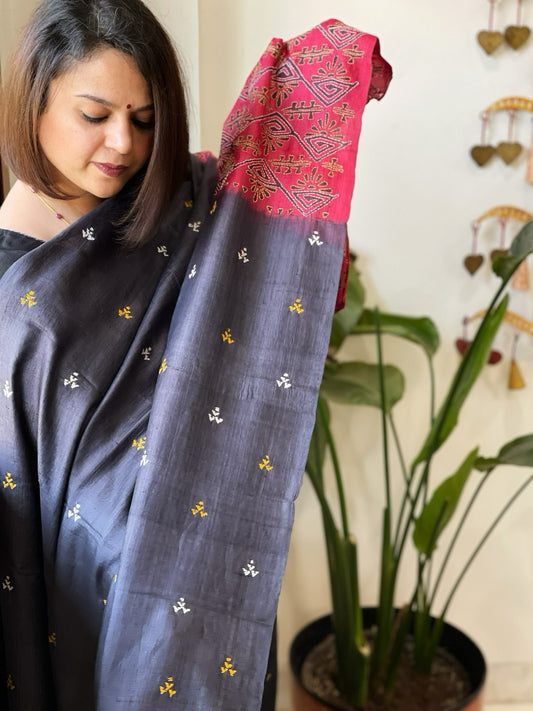 Charcoal Black, Red Handmade Nakshi Kantha Dupatta in Pure Tussar Silk - Masakalee