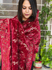 Cherry Red Velvet Dupatta with Thread Embroidery - Masakalee