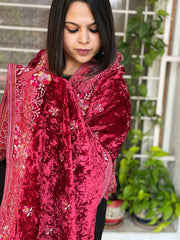 Cherry Red Velvet Dupatta with Thread Embroidery - Masakalee