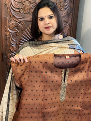 Chocolate Brown Dupatta Set (Kurta+Dupatta) with Handblock Print in Pure Tussar Silk - Masakalee