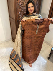 Chocolate Brown Dupatta Set (Kurta+Dupatta) with Handblock Print in Pure Tussar Silk - Masakalee