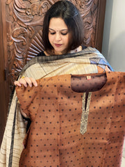 Chocolate Brown Dupatta Set (Kurta+Dupatta) with Handblock Print in Pure Tussar Silk - Masakalee