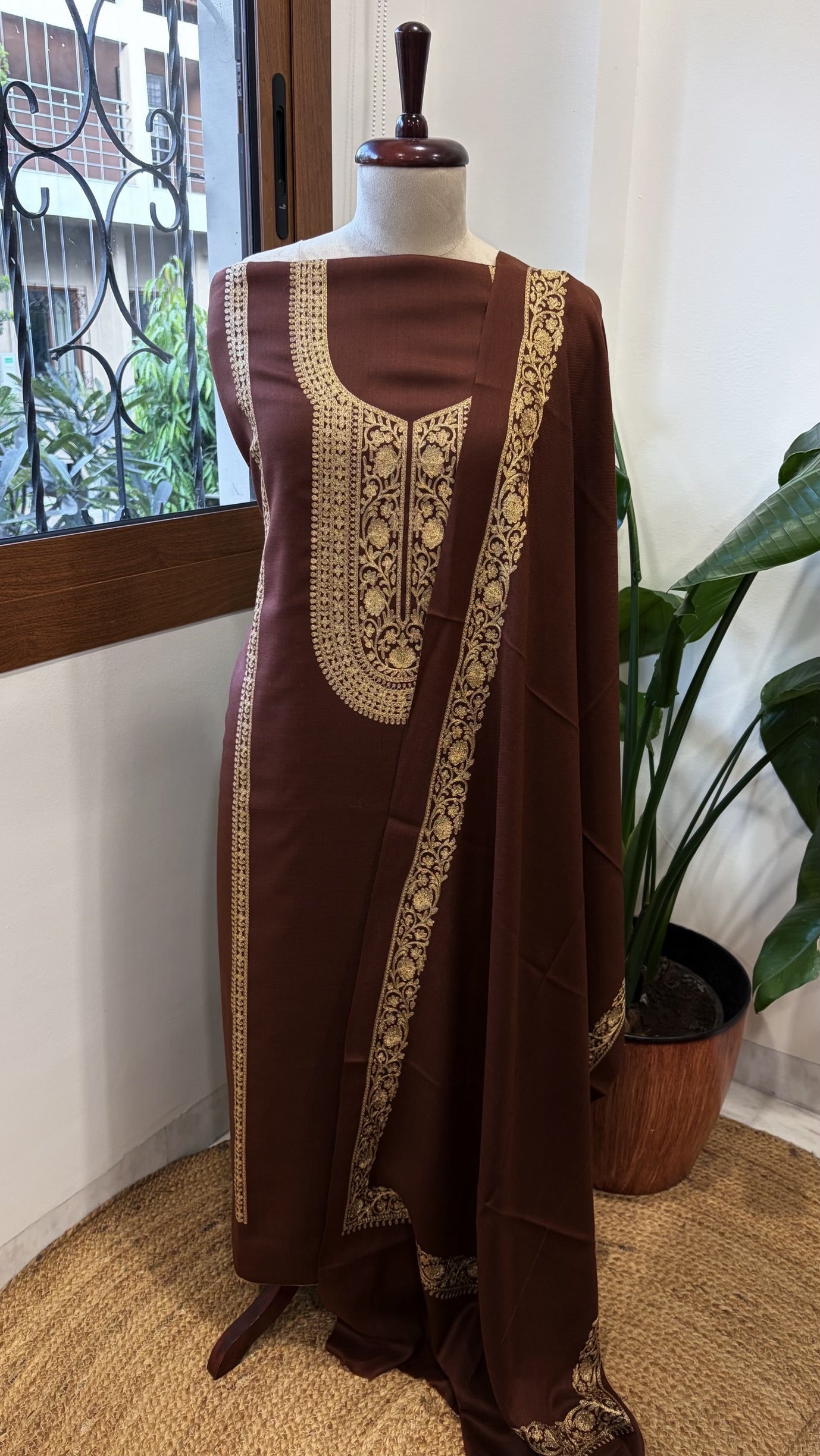Chocolate Brown Winter Suit Set with Aari Work in Pashmina Wool - Masakalee