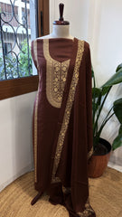 Chocolate Brown Winter Suit Set with Aari Work in Pashmina Wool - Masakalee