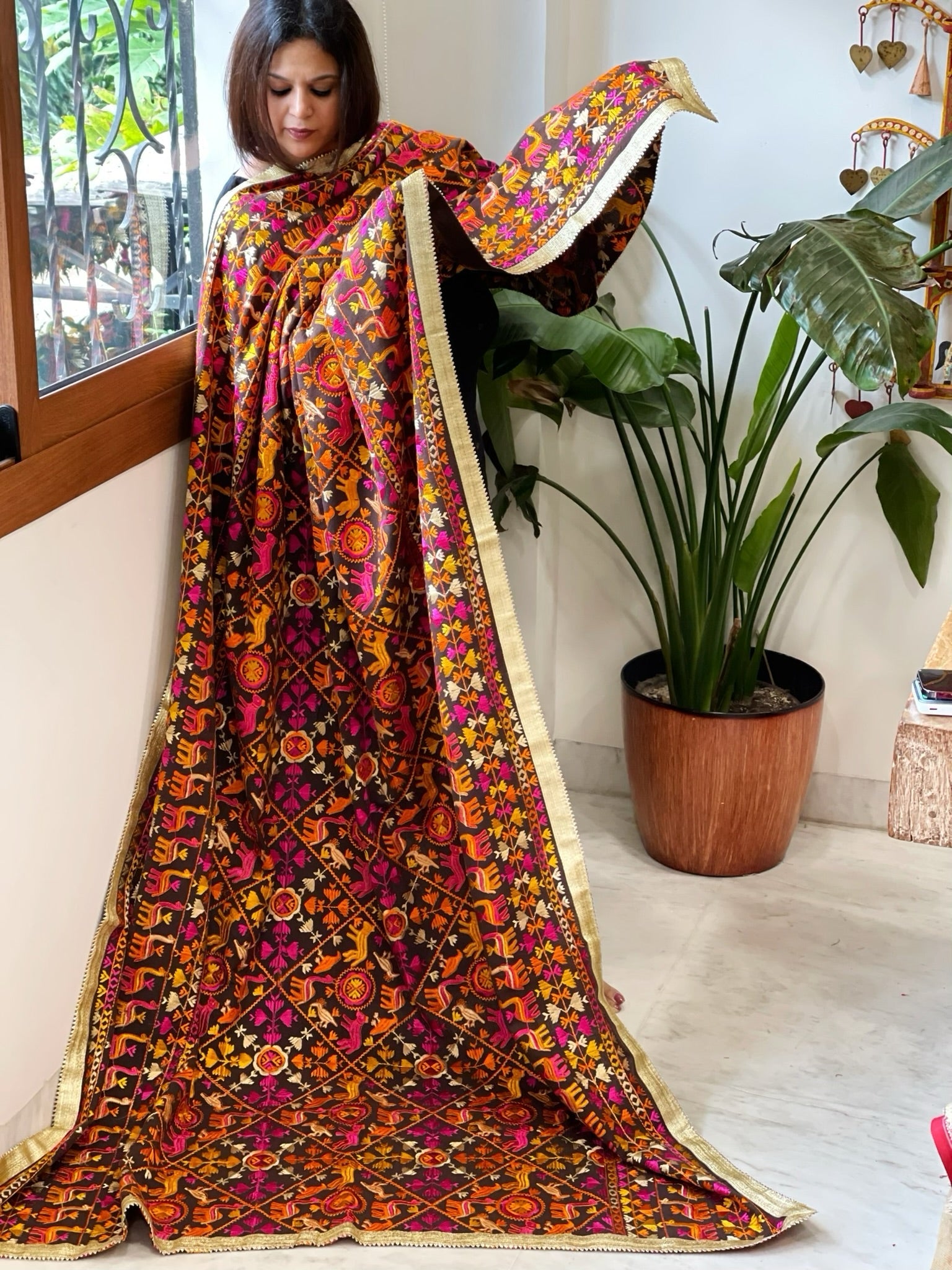 Cola Brown Designer Phulkari Dupatta in Khaddar Cotton - Masakalee
