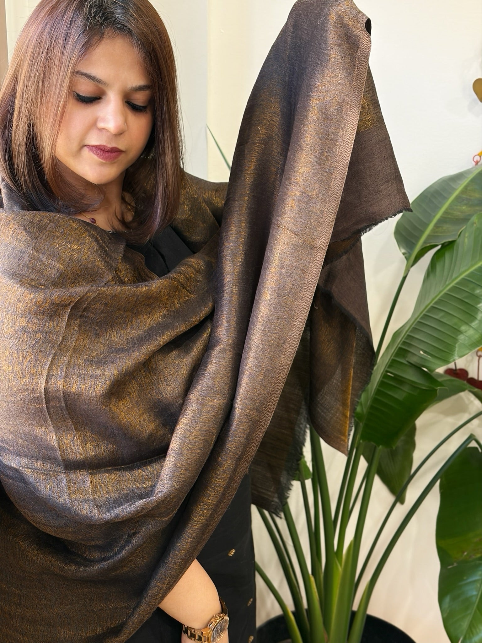 Cola Brown Pashmina Stole with Zari - Masakalee