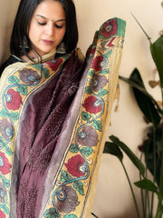 Cola Brown Rai Bandhej Dupatta with Handpainted Kalamkari Pallu in Pure Muga Silk - Masakalee