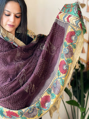 Cola Brown Rai Bandhej Dupatta with Handpainted Kalamkari Pallu in Pure Muga Silk - Masakalee