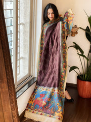 Cola Brown Rai Bandhej Dupatta with Handpainted Kalamkari Pallu in Pure Muga Silk - Masakalee