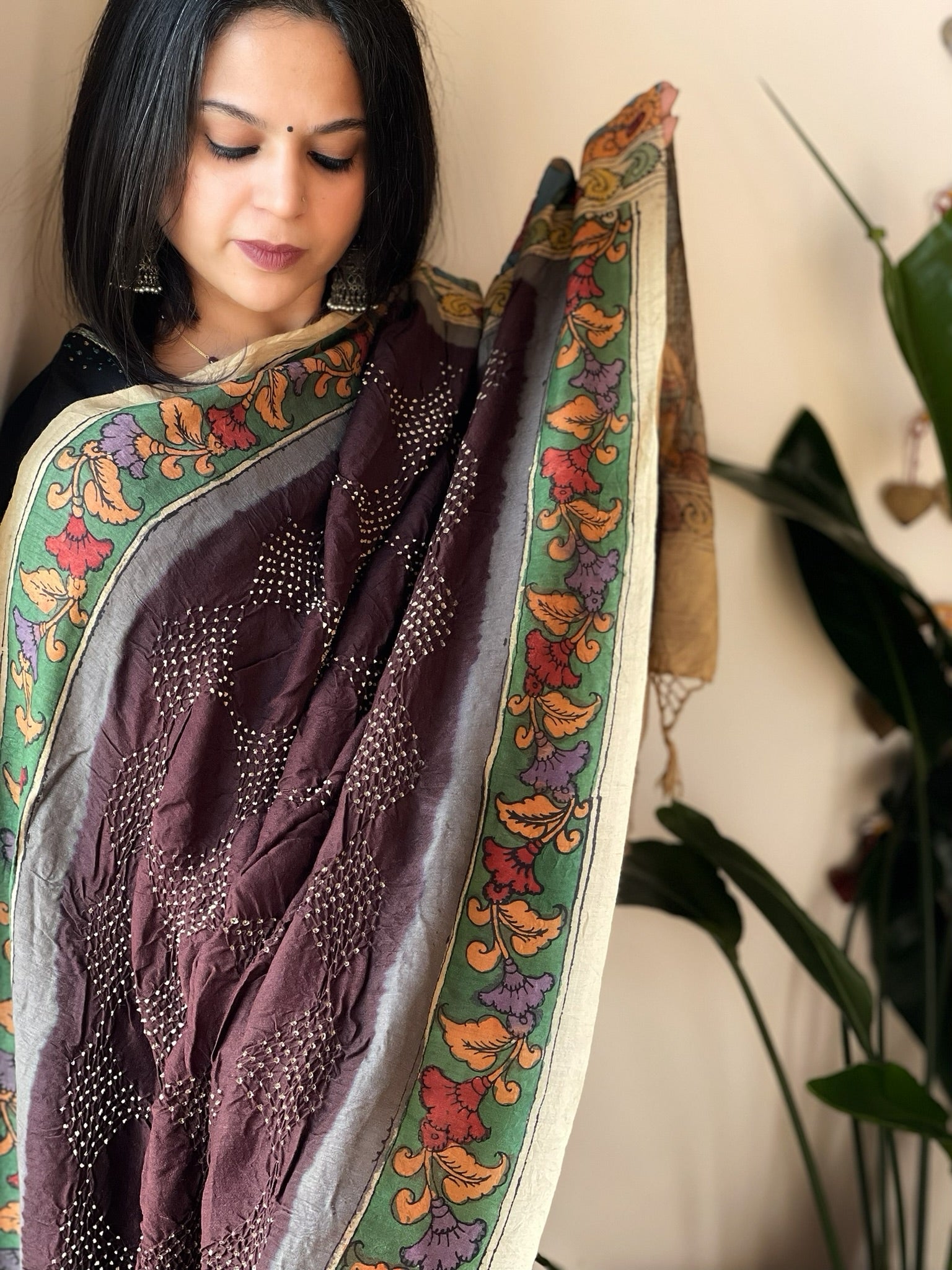Cola Brown Rai Bandhej Dupatta with Handpainted Kalamkari Pallu in Pure Muga Silk - Masakalee