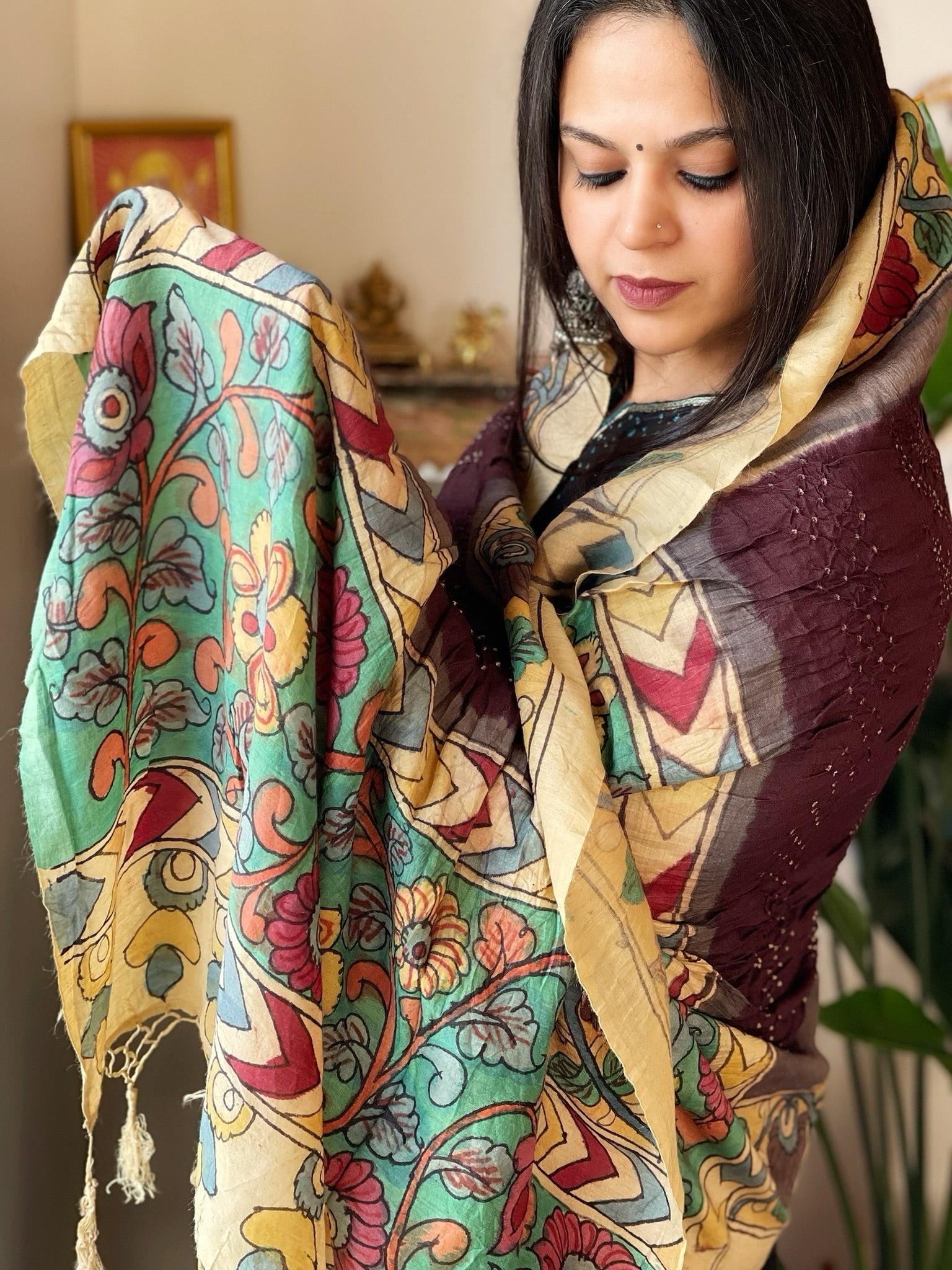 Cola Brown Rai Bandhej Dupatta with Handpainted Kalamkari Pallu in Pure Muga Silk - Masakalee