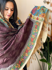 Cola Brown Rai Bandhej Dupatta with Handpainted Kalamkari Pallu in Pure Muga Silk - Masakalee