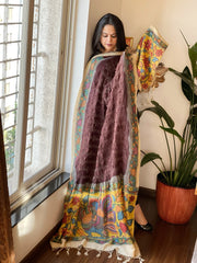 Cola Brown Rai Bandhej Dupatta with Handpainted Kalamkari Pallu in Pure Muga Silk - Masakalee