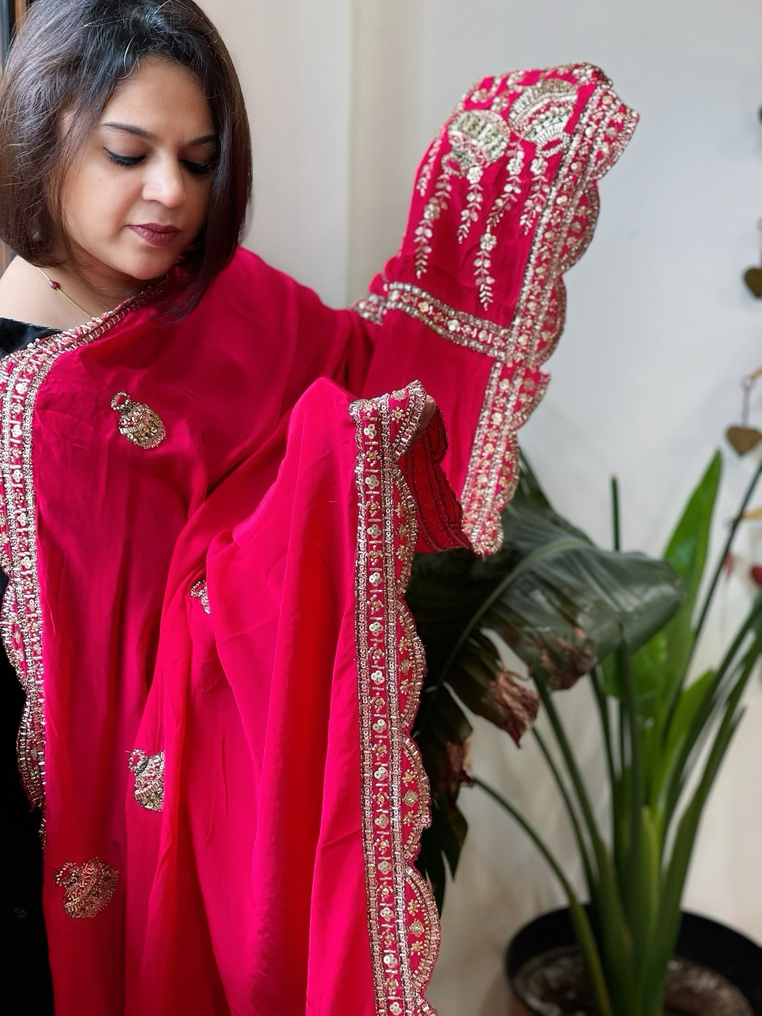 Coral Pink Crepe Dupatta with Pearl, Cut Daana, Gold Thread & Sequin Embroidery - Masakalee
