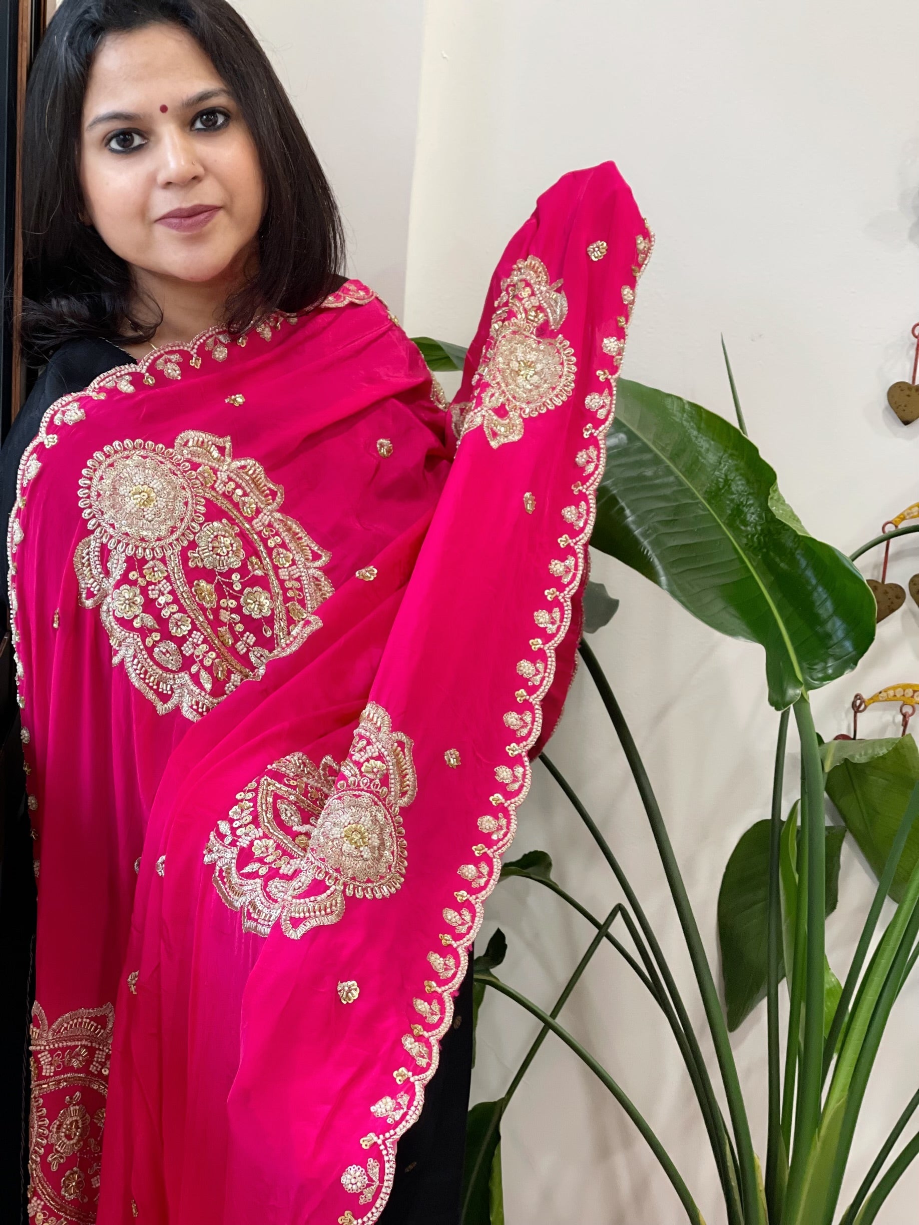 Coral Pink Crepe Dupatta with Pearl, Cut Daana, Gold Thread & Sequin Embroidery - Masakalee