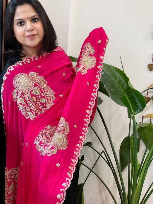 Coral Pink Crepe Dupatta with Pearl, Cut Daana, Gold Thread & Sequin Embroidery - Masakalee