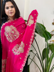 Coral Pink Crepe Dupatta with Pearl, Cut Daana, Gold Thread & Sequin Embroidery - Masakalee