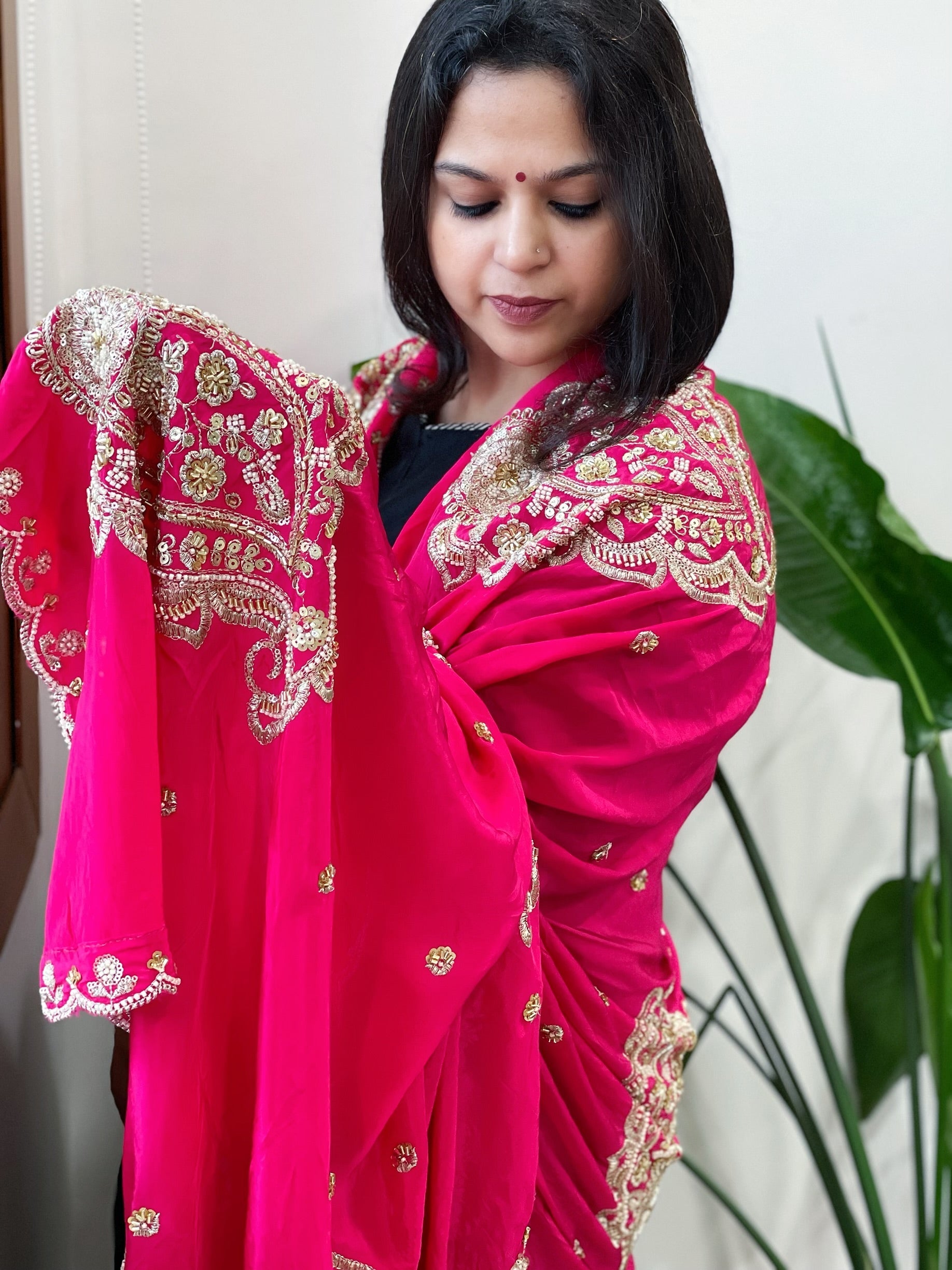 Coral Pink Crepe Dupatta with Pearl, Cut Daana, Gold Thread & Sequin Embroidery - Masakalee