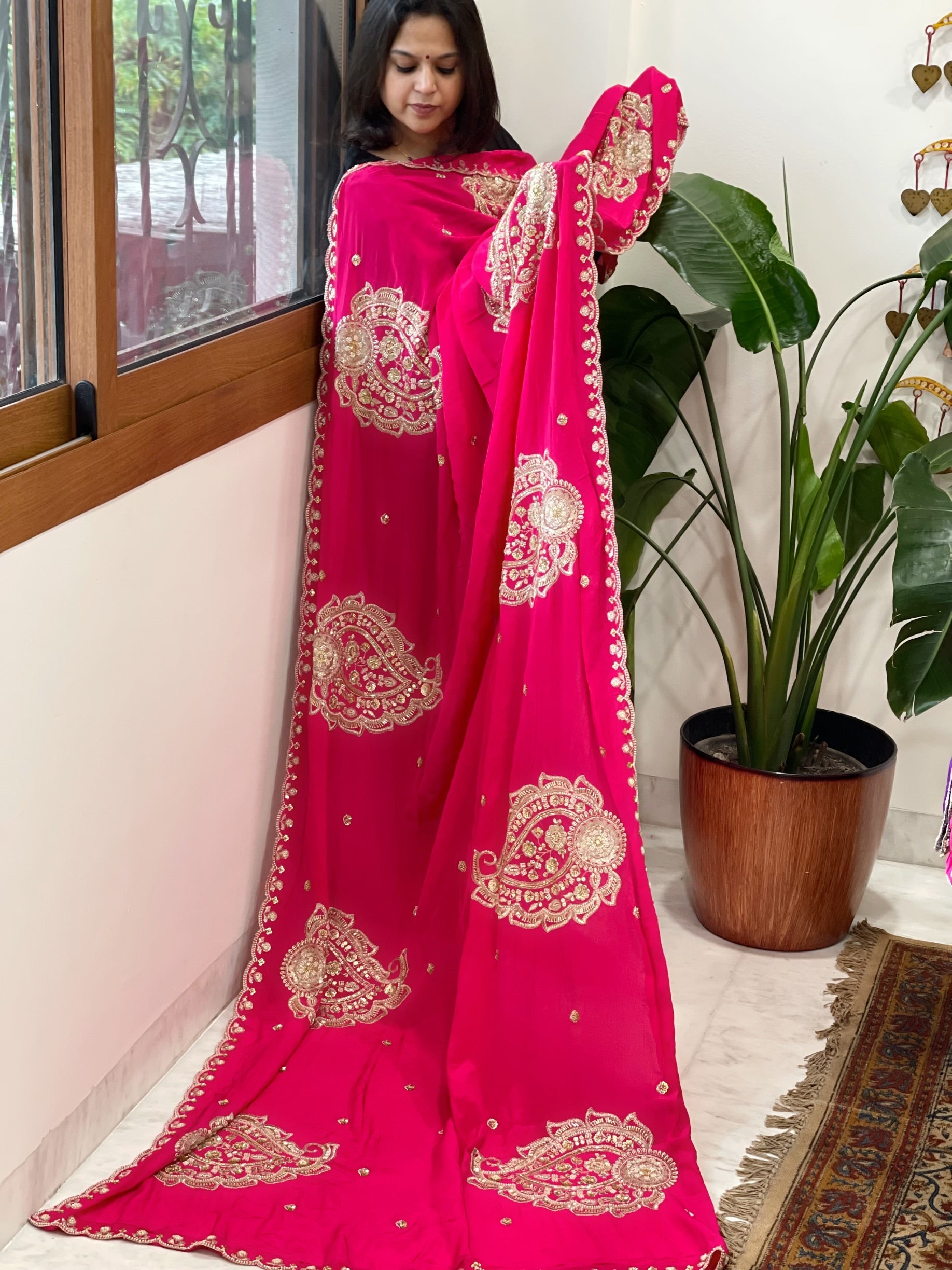 Coral Pink Crepe Dupatta with Pearl, Cut Daana, Gold Thread & Sequin Embroidery - Masakalee