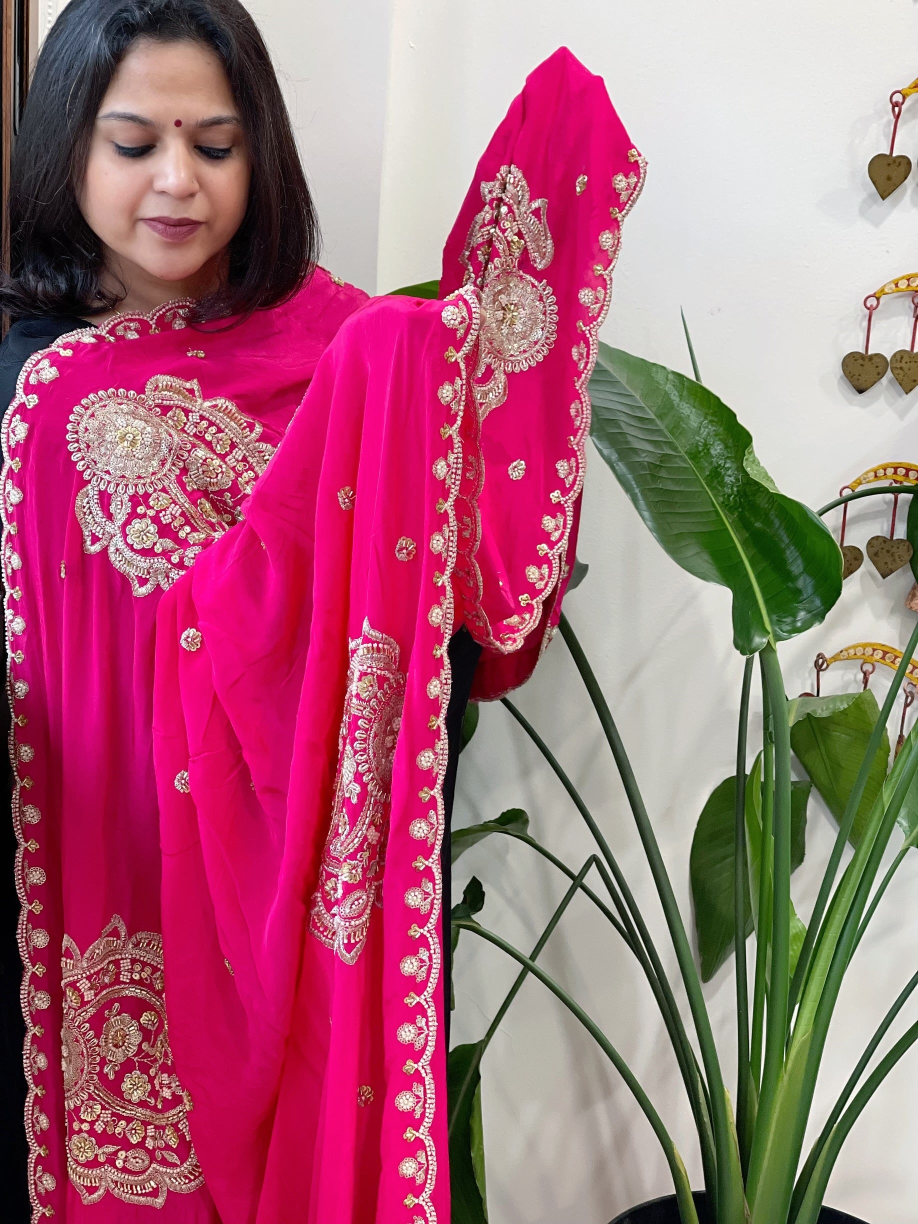 Coral Pink Crepe Dupatta with Pearl, Cut Daana, Gold Thread & Sequin Embroidery - Masakalee