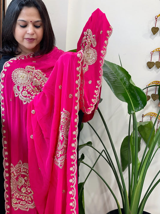 Coral Pink Crepe Dupatta with Pearl, Cut Daana, Gold Thread & Sequin Embroidery - Masakalee