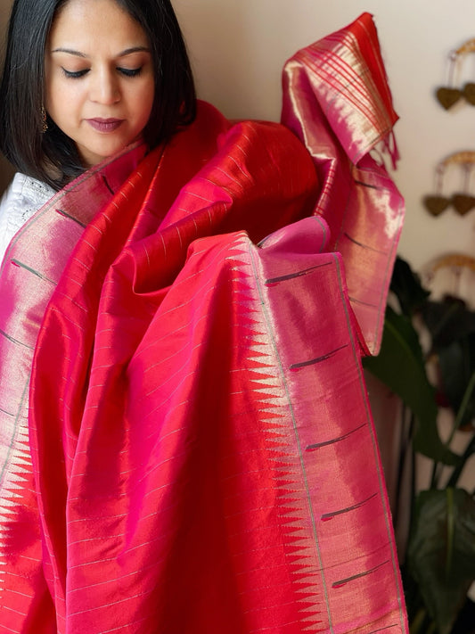 Coral Pink Handwoven Paithani Dupatta in Pure Silk - Masakalee