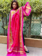 Coral Pink Handwoven Patola with Rai Bandhej Dupatta in Pure Silk - Masakalee