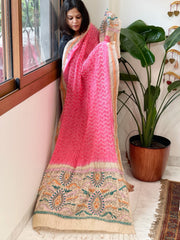 Coral Pink Rai Bandhej Dupatta with Kantha Handwork in Pure Munga Tussar Silk - Masakalee