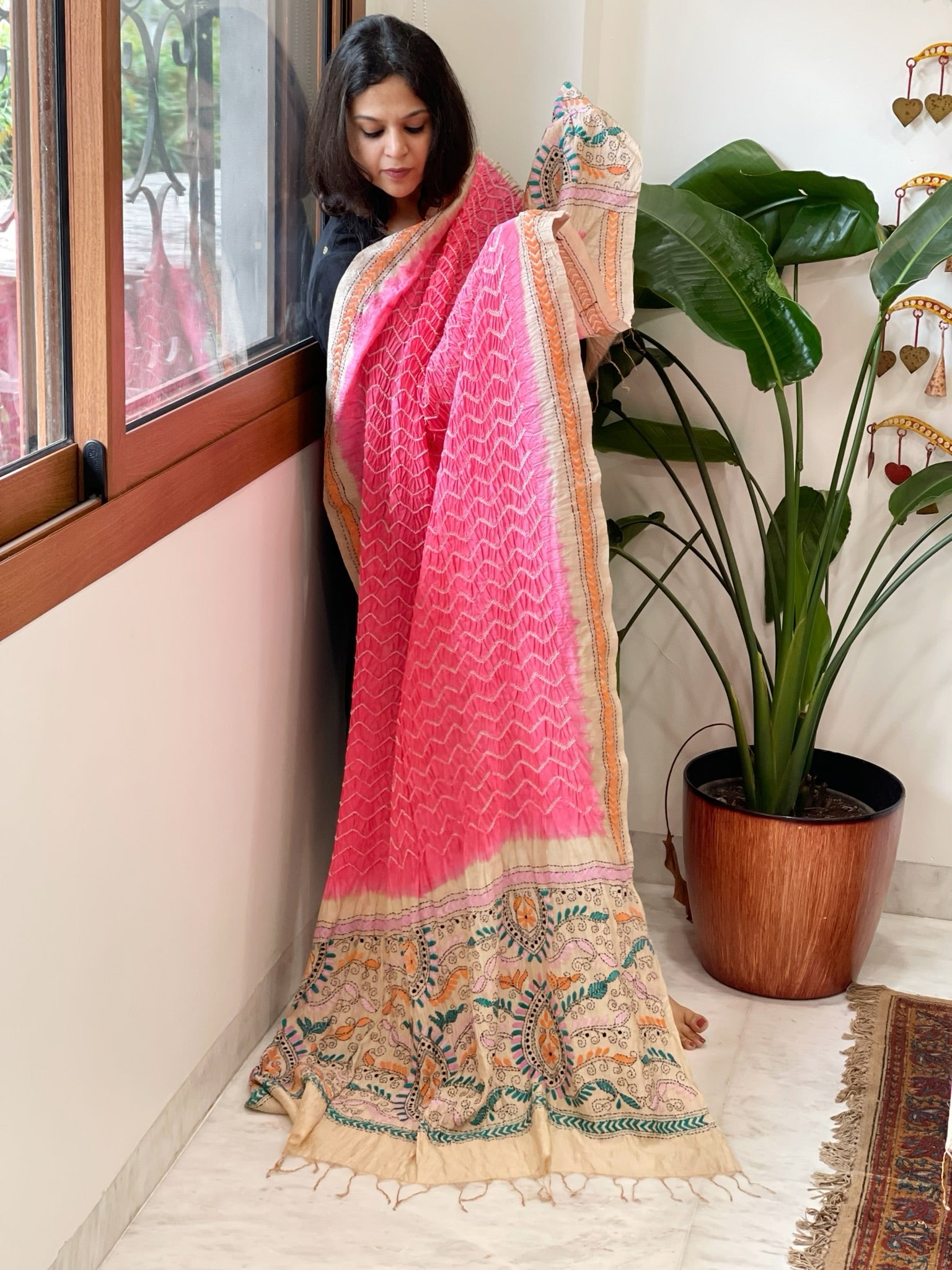 Coral Pink Rai Bandhej Dupatta with Kantha Handwork in Pure Munga Tussar Silk - Masakalee
