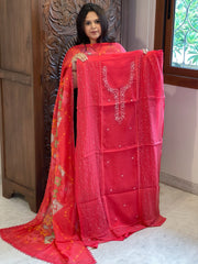 Coral Pink Suit Set with Sequin and Knot handwork in Mul Chanderi - Masakalee