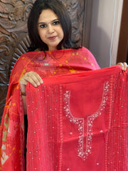 Coral Pink Suit Set with Sequin and Knot handwork in Mul Chanderi - Masakalee
